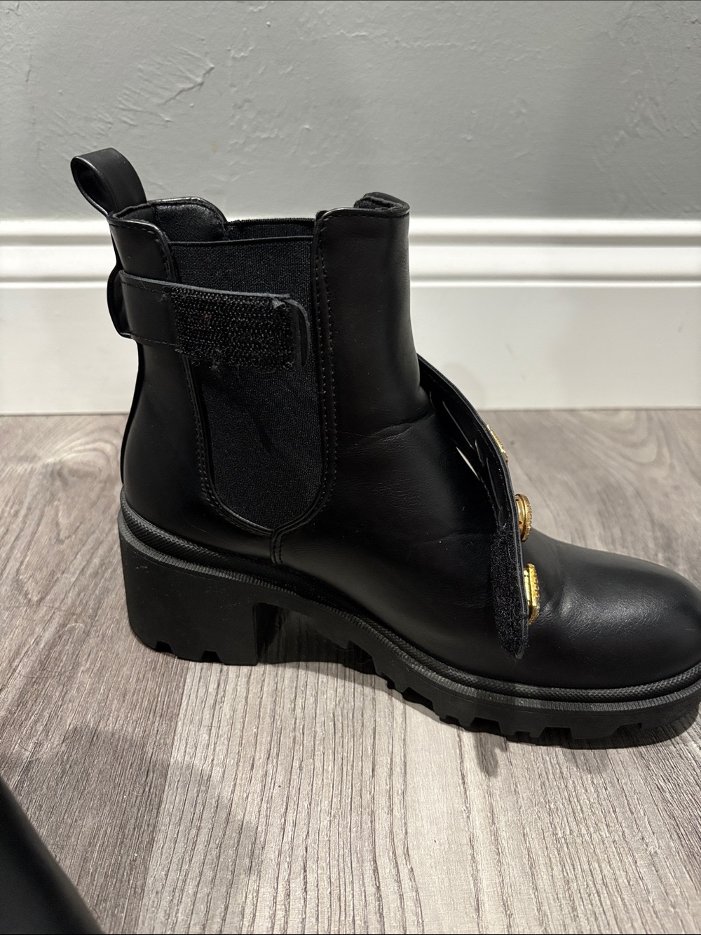 Women's Black Chelsea Lug Boots with Jeweled Strap - Picture 6 of 6